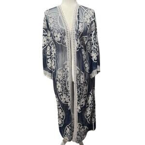 Sheer Embroidered Lace Kimono Navy & Ivory-One Size- Boho Coastal Layer